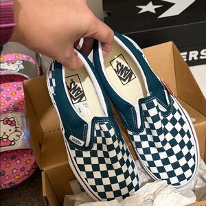 Vans Teal and White Checkerboard Slip-Ons